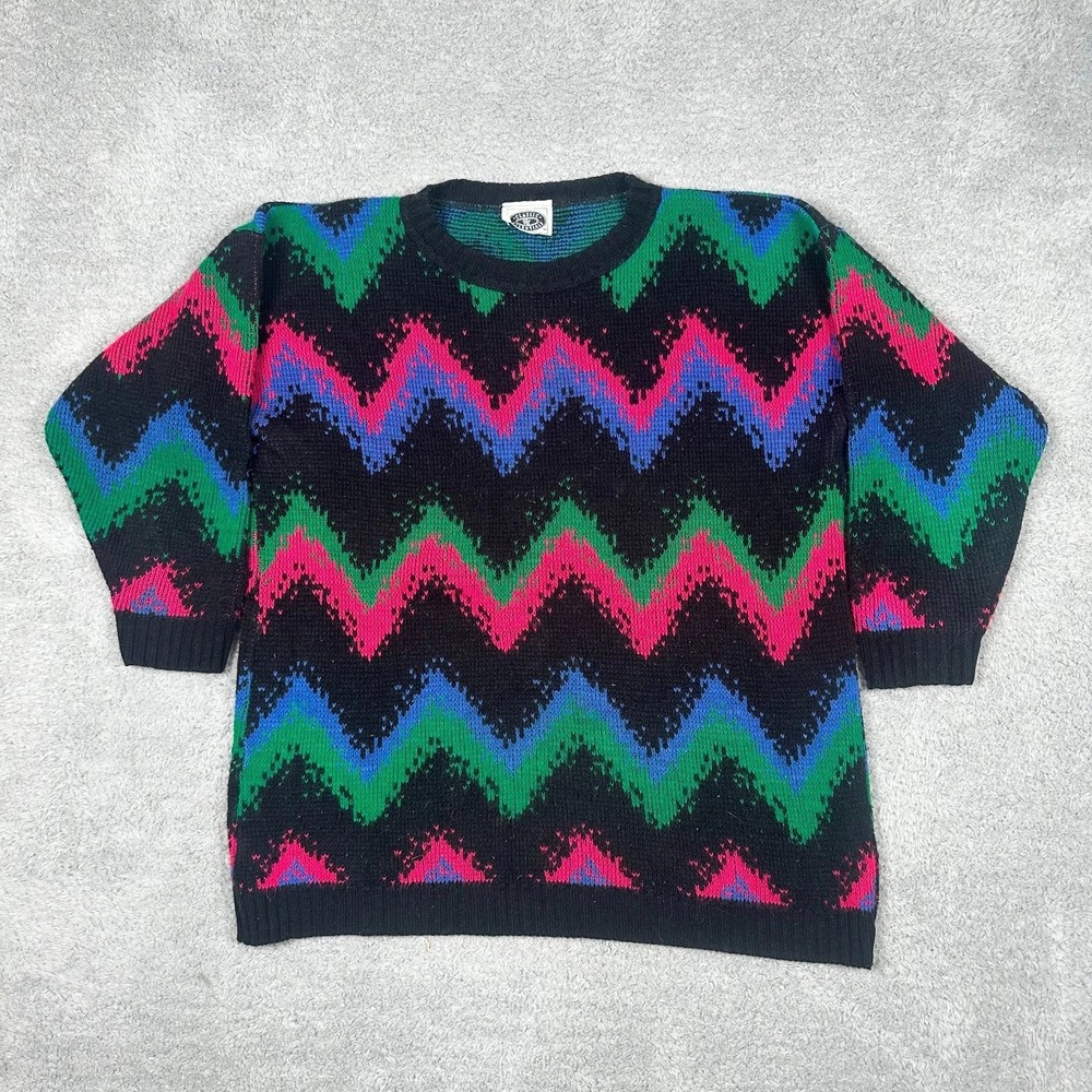 Classic Essentials Vintage Neon Chevron Zigzag Knit Sweater Black Multi 80s XL‎